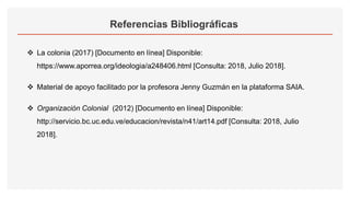 Referencias Bibliográficas
 La colonia (2017) [Documento en línea] Disponible:
https://www.aporrea.org/ideologia/a248406.html [Consulta: 2018, Julio 2018].
 Material de apoyo facilitado por la profesora Jenny Guzmán en la plataforma SAIA.
 Organización Colonial (2012) [Documento en línea] Disponible:
http://servicio.bc.uc.edu.ve/educacion/revista/n41/art14.pdf [Consulta: 2018, Julio
2018].
 