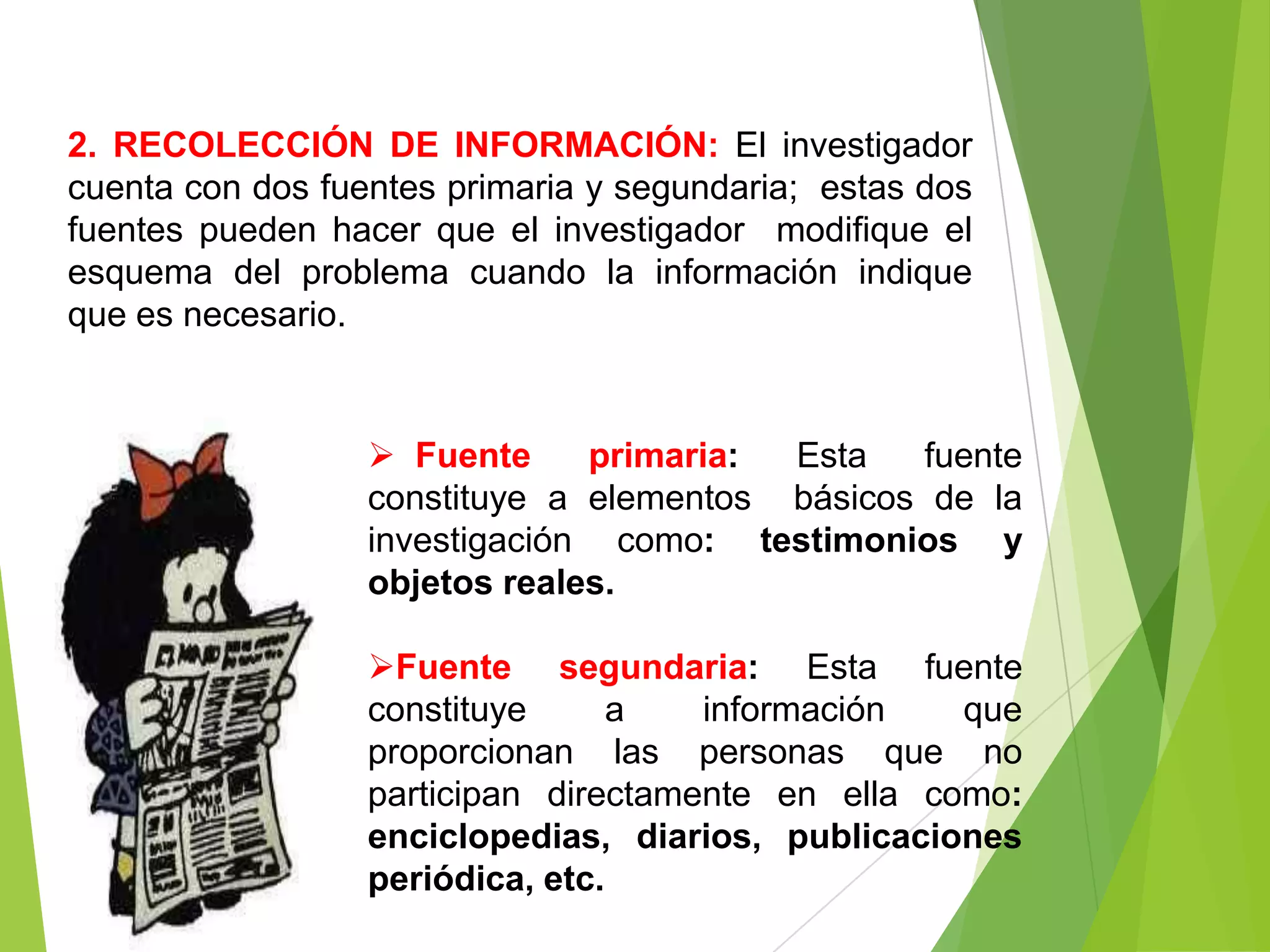 2. RECOLECCIÓN DE INFORMACIÓN: El investigador
cuenta con dos fuentes primaria y segundaria; estas dos
fuentes pueden hacer que el investigador modifique el
esquema del problema cuando la información indique
que es necesario.


                   Fuente     primaria: Esta    fuente
                  constituye a elementos básicos de la
                  investigación como: testimonios y
                  objetos reales.

                  Fuente segundaria: Esta fuente
                  constituye      a   información   que
                  proporcionan las personas que no
                  participan directamente en ella como:
                  enciclopedias, diarios, publicaciones
                  periódica, etc.
 