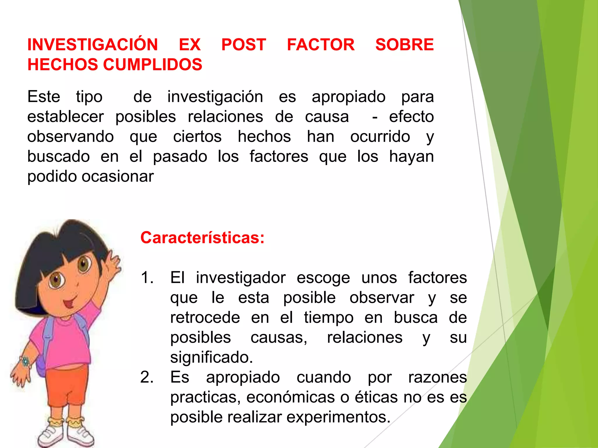 INVESTIGACIÓN EX       POST     FACTOR     SOBRE
HECHOS CUMPLIDOS
Este tipo    de investigación es apropiado para
establecer posibles relaciones de causa - efecto
observando que ciertos hechos han ocurrido y
buscado en el pasado los factores que los hayan
podido ocasionar


             Características:

             1. El investigador escoge unos factores
                que le esta posible observar y se
                retrocede en el tiempo en busca de
                posibles causas, relaciones y su
                significado.
             2. Es apropiado cuando por razones
                practicas, económicas o éticas no es es
                posible realizar experimentos.
 