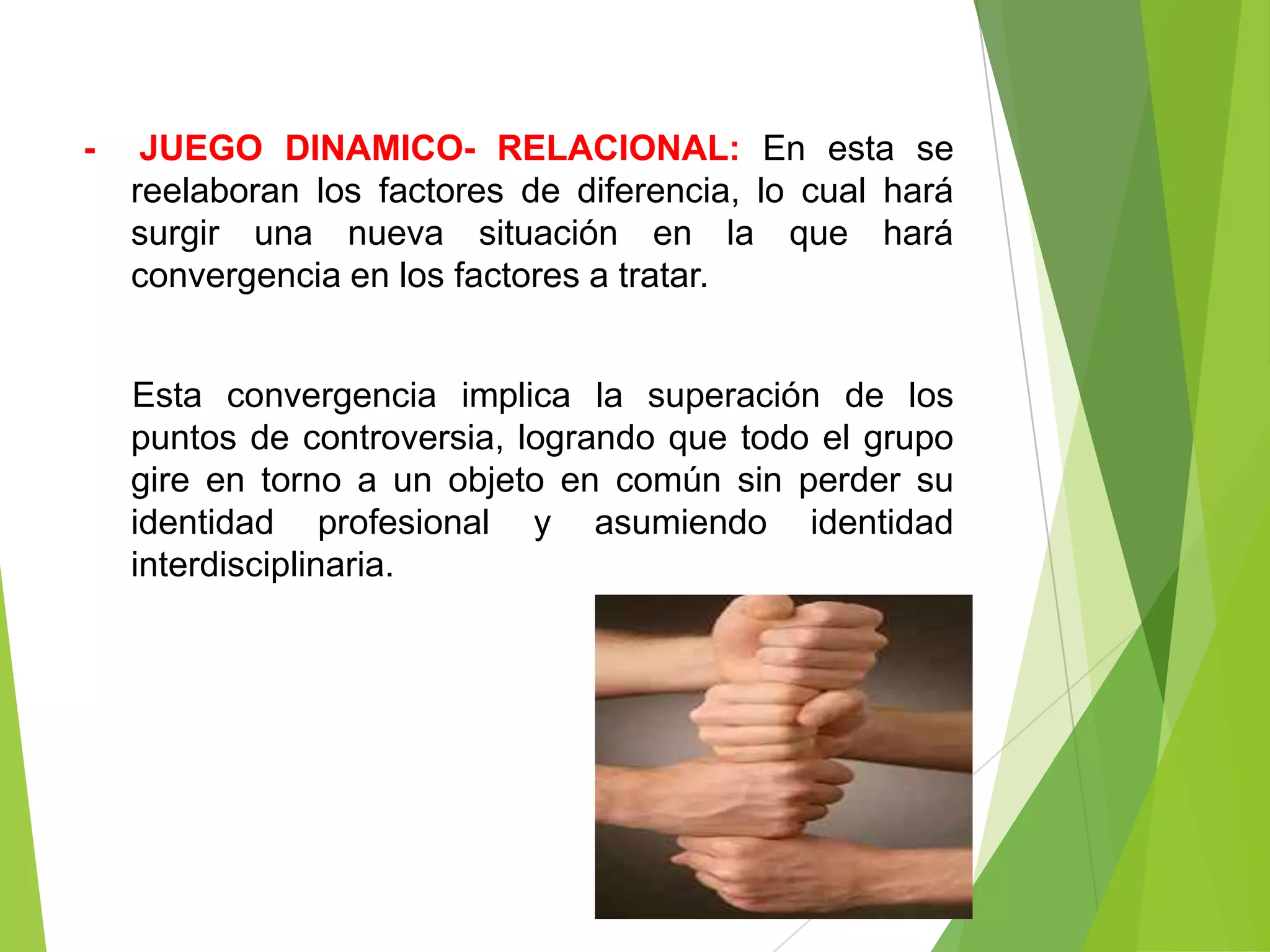 -    JUEGO DINAMICO- RELACIONAL: En esta se
    reelaboran los factores de diferencia, lo cual hará
    surgir una nueva situación en la que hará
    convergencia en los factores a tratar.


    Esta convergencia implica la superación de los
    puntos de controversia, logrando que todo el grupo
    gire en torno a un objeto en común sin perder su
    identidad profesional y asumiendo identidad
    interdisciplinaria.
 