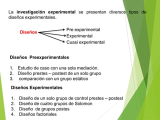 La investigación experimental se presentan diversos tipos de
diseños experimentales.

                             Pre experimental
      Diseños
                             Experimental
                             Cuasi experimental


Diseños Preexperimentales

1. Estudio de caso con una sola mediación.
2. Diseño prestes – postest de un solo grupo
3. comparación con un grupo estático

 Diseños Experimentales

 1.   Diseño de un solo grupo de control prestes – postest
 2.   Diseño de cuatro grupos de Solomon
 3.   Diseño de grupos postes
 4.   Diseños factoriales
 
