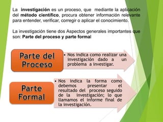 La investigación es un proceso, que mediante la aplicación
del método científico, procura obtener información relevante
para entender, verificar, corregir o aplicar el conocimiento.

La investigación tiene dos Aspectos generales importantes que
son: Parte del proceso y parte formal


                        • Nos indica como realizar una
                          investigación dado a      un
                          problema a investigar.


                   • Nos indica la forma como
                     debemos        presentar   el
                     resultado del proceso seguido
                     de la investigación; lo que
                     llamamos el informe final de
                     la investigación.
 