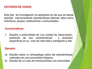 ESTUDIOS DE CASOS


Este tipo de investigación es apropiado en las que se desea
estudiar intensivamente características básicas; tales como
individuos, grupos, instituciones o comunidades .

Características:

1. Estudia a profundidad de una unidad de observación,
   partiendo de sus características           y procesos
   específicos en su ciclo de vida total o semejante a ella.

Ejemplo:

a) Estudio sobre un antropólogo sobre las características
   culturales de una comunidad indígena.
b) Estudio de un caso de intoxicaciones una comunidad.
 