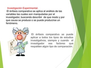 Investigación Experimental.
 El énfasis comparativo se aplica al análisis de las
variables las cuales son manipuladas por el
investigador, buscando describir de que modo y por
que causa se produce o se puede producirse un
fenómeno.



                      El énfasis comparativo se puede
                     aplicar a todos los tipos de estudios
                     investigativos, siempre y cuando el
                     investigador    vea    factores  que
                     respalden algún tipo de comparación.
 
