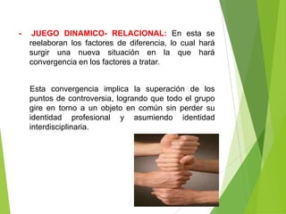 -    JUEGO DINAMICO- RELACIONAL: En esta se
    reelaboran los factores de diferencia, lo cual hará
    surgir una nueva situación en la que hará
    convergencia en los factores a tratar.


    Esta convergencia implica la superación de los
    puntos de controversia, logrando que todo el grupo
    gire en torno a un objeto en común sin perder su
    identidad profesional y asumiendo identidad
    interdisciplinaria.
 