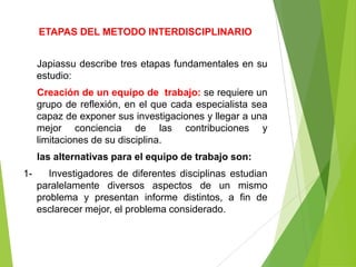 ETAPAS DEL METODO INTERDISCIPLINARIO


     Japiassu describe tres etapas fundamentales en su
     estudio:
     Creación de un equipo de trabajo: se requiere un
     grupo de reflexión, en el que cada especialista sea
     capaz de exponer sus investigaciones y llegar a una
     mejor conciencia de las contribuciones y
     limitaciones de su disciplina.
     las alternativas para el equipo de trabajo son:
1-      Investigadores de diferentes disciplinas estudian
     paralelamente diversos aspectos de un mismo
     problema y presentan informe distintos, a fin de
     esclarecer mejor, el problema considerado.
 