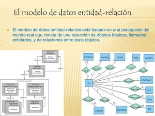 El modelo de datos entidad-relación

   El modelo de datos entidad-relación está basado en una percepción del
    mundo real que consta de una colección de objetos básicos, llamados
    entidades, y de relaciones entre esos objetos.
 