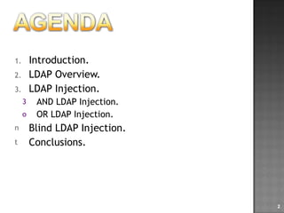 Introduction. LDAP Overview. LDAP Injection. AND LDAP Injection. OR LDAP Injection. Blind LDAP Injection. Conclusions. 