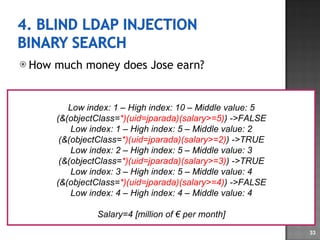 How much money does Jose earn? Low index: 1 – High index: 10 – Middle value: 5 (&(objectClass= *)(uid=jparada)(salary>=5) ) ->FALSE Low index: 1 – High index: 5 – Middle value: 2 (&(objectClass= *)(uid=jparada)(salary>=2) ) ->TRUE Low index: 2 – High index: 5 – Middle value: 3 (&(objectClass= *)(uid=jparada)(salary>=3) ) ->TRUE Low index: 3 – High index: 5 – Middle value: 4 (&(objectClass= *)(uid=jparada)(salary>=4) ) ->FALSE Low index: 4 – High index: 4 – Middle value: 4 Salary=4 [million of € per month] 