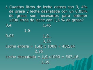 ¿ Cuantos litros de leche entera con 3, 4% de grasa y leche desnatada con un 0,05% de grasa son necesarios para obtener 1000 litros de leche con 1,5 % de grasa? 3,4 1,45 1,5 0,05   1,9  3,35 Leche entera =  1,45  x 1000 = 432,84   3,35 Leche desnatada =  1,9  x1000 = 567,16   3,35 