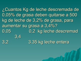 ¿Cuantos Kg de leche descremada de 0,05% de grasa deben quitarse a 500 kg de leche de 3,2% de grasa, para aumentar su grasa a 3,4%? 0,05   0,2  kg leche descremad   3,4 3,2   3.35 kg leche entera 