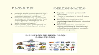 FUNCIONALIDAD
● Desde el punto de vista de su utilización didáctica los medios y
los materiales curriculares deben reunir algunos criterios de
funcionalidad (Moreno Herrero, 1996), tales como.
● Deben ser una herramienta de apoyo o ayuda para nuestro
aprendizaje, por tanto, deben ser útiles y funcionales. Y, sobre
todo nunca deben sustituir al profesorado en su tarea de
enseñar, ni al alumnado en su tarea de aprender.
● Se deben establecer criterios de selección.
● Desde una perspectiva crítica, se deben ir construyendo entre
todas las personas implicadas en el proceso de aprendizaje.
POSIBILIDADES DIDACTICAS
● Responden a la concepción que tenemos sobre
educar, enseñar.
● Permiten la manipulación en función de nuestras
necesidades.
● • Permiten adaptar las actividades a las
necesidades e intereses del alumnado, atendiendo a
la diversidad.
● • Favorecen el aprendizaje significativo, las
relaciones interpersonales, el conocimiento de la
realidad, la utilización de distintos lenguajes, la
colaboración y cooperación.
 