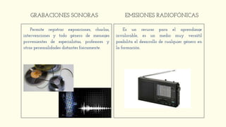 GRABACIONES SONORAS
Permite registrar exposiciones, charlas,
intervenciones y todo género de mensajes
provenientes de especialistas, profesores y
otras personalidades distantes físicamente.
EMISIONES RADIOFÓNICAS
Es un recurso para el aprendizaje
invalorable, es un medio muy versátil
posibilita el desarrollo de cualquier género en
la formación.
 