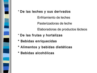 * De las leches y sus derivados
Enfriamiento de leches
Pasterizadoras de leche
Elaboradoras de productos lácteos
* De las frutas y hortalizas
* Bebidas enriquecidas
* Alimentos y bebidas dietéticas
* Bebidas alcohólicas
 