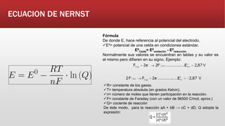 Fórmula
De donde E, hace referencia al potencial del electrodo.
Eº= potencial de una celda en condiciones estándar.
E0
Celda= E0
oxidación - E0
reducción
Normalmente sus valores se encuentran en tablas y su valor es
el mismo pero difieren en su signo. Ejemplo:
ECUACION DE NERNST
R= constante de los gases.
T= temperatura absoluta (en grados Kelvin).
n= número de moles que tienen participación en la reacción.
F= constante de Faraday (con un valor de 96500 C/mol, aprox.)
Q= cociente de reacción
De éste modo, para la reacción aA + bB → cC + dD, Q adopta la
expresión:
 
