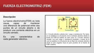Descripción
La fuerza electromotriz(FEM) es toda
causa capaz de mantener
una diferencia de potencial entre dos
puntos de un circuito abierto o de
producir una corriente eléctrica en un
circuito cerrado.
Es una característica de
cada generador eléctrico.
FUERZA ELECTROMOTRIZ (FEM)
 