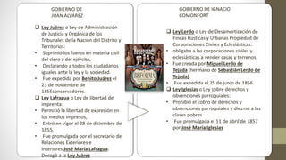 GOBIERNO DE
JUAN ALVAREZ
 Ley Juárez o Ley de Administración
de Justicia y Orgánica de los
Tribunales de la Nación del Distrito y
Territorios:
• Suprimió los fueros en materia civil
del clero y del ejército,
• Declarando a todos los ciudadanos
iguales ante la ley y la sociedad.
• Fue expedida por Benito Juárez el
23 de noviembre de
1855conservadores.
 Ley Lafragua o Ley de libertad de
imprenta:
• Permitió la libertad de expresión en
los medios impresos,
• Entró en vigor el 28 de diciembre de
1855.
• Fue promulgada por el secretario de
Relaciones Exteriores e
Interiores José María Lafragua.
Derogó a la Ley Juárez
GOBIERNO DE IGNACIO
COMONFORT
 Ley Lerdo o Ley de Desamortización de
Fincas Rústicas y Urbanas Propiedad de
Corporaciones Civiles y Eclesiásticas:
• obligaba a las corporaciones civiles y
eclesiásticas a vender casas y terrenos.
• Fue creada por Miguel Lerdo de
Tejada (hermano de Sebastián Lerdo de
Tejada).
• Fue expedida el 25 de junio de 1856.
 Ley Iglesias o Ley sobre derechos y
obvenciones parroquiales:
• Prohibió el cobro de derechos y
obvenciones parroquiales y diezmo a las
clases pobres
• Fue promulgada el 11 de abril de 1857
por José María Iglesias
 