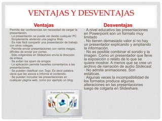 VENTAJAS Y DESVENTAJAS
Ventajas
Permite dar conferencias sin necesidad de cargar la
presentación.
· La presentación se puede ver desde cualquier PC
. Simplemente abriendo una pagina Web.
· Es más fácil compartir una presentación de trabajo
con otros colegas.
· Permite enviar presentaciones con varios megas,
difíciles de enviar por correo.
. Sólo colgándola en Slideshare envía la dirección
de enlace.
· Se evitan los spam de amigos
· La aplicación permite hacerles comentarios a las
presentaciones.
· Se pueden clasificar con Tags. Es decir palabra
clave que las asocia e informa el contenido.
· Se pueden incrustar las presentaciones en
cualquier página web, como por ejemplo un blog.
Desventajas
· A nivel educativo las presentaciones
en Powerpoint son un formato muy
limitado
. No tienen demasiado valor si no hay
un presentador explicando y ampliando
la información.
· No es posible combinar el sonido y la
imagen. Como un presentador que lleve
la exposición o relato de lo que se
quiere mostrar. A menos que se cree un
archivo de narración de audio Slidecast.
· No admite animaciones. Son
estáticas.
· Algunas veces la incompatibilidad de
los formatos produce algunas
alteraciones en las presentaciones
luego de colgarla en Slideshare.
 