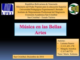 República Bolivariana de Venezuela
Ministerio del Poder Popular para la educación Superior
Universidad Pedagógica Experimental Libertado
Instituto de Mejoramiento Profesional del Magisterio
Extensión Académica San Cristóbal
San Cristóbal – Estado Táchira
Autoras:
• Luisana Suarez
C.I 21.451.170
• Margely Astorkia
C.I17.467721
Tutor: María Eufemia
San Cristóbal, Diciembre de 2016
 