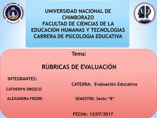 UNIVERSIDAD NACIONAL DE
CHIMBORAZO
FACULTAD DE CIENCIAS DE LA
EDUCACION HUMANAS Y TECNOLOGIAS
CARRERA DE PSICOLOGIA EDUCATIVA
Tema:
RÚBRICAS DE EVALUACIÓN
INTEGRANTES:
CATEDRA: Evaluación Educativa
CATHERYN OROZCO
ALEXANDRA FREIRE SEMESTRE: Sexto “B”
FECHA: 12/07/2017
 