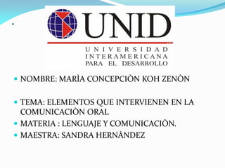 .

 NOMBRE: MARÌA CONCEPCIÒN KOH ZENÒN
 TEMA: ELEMENTOS QUE INTERVIENEN EN LA
COMUNICACIÒN ORAL

 MATERIA : LENGUAJE Y COMUNICACIÒN.
 MAESTRA: SANDRA HERNÀNDEZ

 