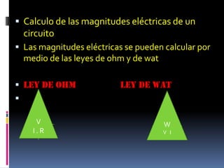 Calculo de las magnitudes eléctricas de un circuitoLas magnitudes eléctricas se pueden calcular por medio de las leyes de ohm y de wat LEY DE OHM                   LEY DE WATVI . RWV   I