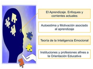 El Aprendizaje. Enfoques y
corrientes actuales
Autoestima y Motivación asociado
al aprendizaje
Teoría de la Inteligencia Emocional
Instituciones y profesiones afines a
la Orientación Educativa
 