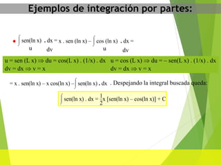 Ejemplos de integración por partes:
u = sen (L x)  du = cos(L x) . (1/x) . dx
dv = dx  v = x
= x . sen(ln x) – x cos(ln x) –




sen(ln x) . dx . Despejando la integral buscada queda:
x . sen (ln x) –




cos (ln x) . dx = 



sen(ln x) . dx =
u dv
u = cos (L x)  du = – sen(L x) . (1/x) . dx
dv = dx  v = x
u dv




sen(ln x) . dx =
1
2
x [sen(ln x) – cos(ln x)] + C
 