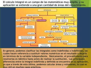 El cálculo integral es un campo de las matemáticas muy amplio, y su
aplicación se extiende a una gran cantidad de áreas del conocimiento.
En general, podemos clasificar las integrales como indefinidas o indefinidas, las
cuales hacen referencia a sustituir valores numéricos en el resultado o dejarlo
en términos de la variable independiente. Básicamente, el procedimiento para
resolverlas es idéntico hasta antes de realizar la sustitución. Las principales
diferencias entre la integral indefinida y definida se encuentra en su aplicación,
ya que a través de esta última, podemos calcular áreas y volúmenes, lo cual es
muy útil en muchos casos prácticos.
 