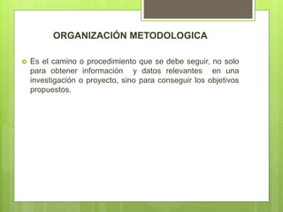 ORGANIZACIÓN METODOLOGICA
 Es el camino o procedimiento que se debe seguir, no solo
para obtener información y datos relevantes en una
investigación o proyecto, sino para conseguir los objetivos
propuestos.
 