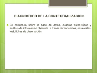 DIAGNOSTICO DE LA CONTEXTUALIZACION
 Se estructura sobre la base de datos, cuadros estadísticos y
análisis de información obtenida a través de encuestas, entrevistas,
test, fichas de observación.
 