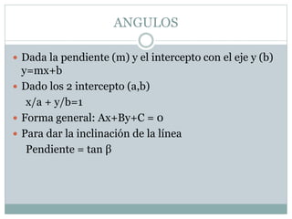 ANGULOS
 Dada la pendiente (m) y el intercepto con el eje y (b)
y=mx+b
 Dado los 2 intercepto (a,b)
x/a + y/b=1
 Forma general: Ax+By+C = 0
 Para dar la inclinación de la línea
Pendiente = tan β
 
