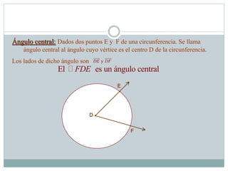 Ángulo central: Dados dos puntos E y F de una circunferencia. Se llama
ángulo central al ángulo cuyo vértice es el centro D de la circunferencia.
Los lados de dicho ángulo son yDE DF
.
.
E
F
D
El es un ángulo centralFDE
 