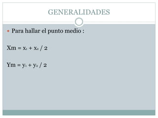GENERALIDADES
 Para hallar el punto medio :
Xm = x1 + x2 / 2
Ym = y1 + y2 / 2
 