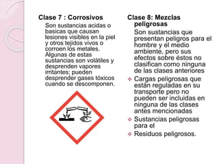 Clase 7 : Corrosivos
Son sustancias acidas o
basicas que causan
lesiones visibles en la piel
y otros tejidos vivos o
corroen los metales.
Algunas de estas
sustancias son volátiles y
desprenden vapores
irritantes; pueden
desprender gases tóxicos
cuando se descomponen.
Clase 8: Mezclas
peligrosas
Son sustancias que
presentan peligros para el
hombre y el medio
ambiente, pero sus
efectos sobre éstos no
clasifican como ninguna
de las clases anteriores
 Cargas peligrosas que
están reguladas en su
transporte pero no
pueden ser incluidas en
ninguna de las clases
antes mencionadas
 Sustancias peligrosas
para el
 Residuos peligrosos.
 