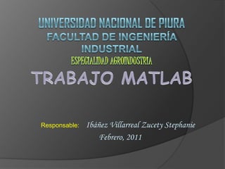 Universidad Nacional de piurafacultad de ingeniería industrialespecialidad agroindustria TRABAJO MATLAB Responsable:  Ibáñez Villarreal ZucetyStephanie Febrero, 2011 