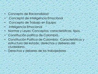 Concepto de Racionalidad  Concepto de Inteligencia Emocional  Concepto de Trabajo en Equipo  Inteligencia EmocionalNormas y Leyes: Conceptos, características, tipos.Constitución política de Colombia.Constitución Política de Colombia:  Características y estructura del estado, derechos y deberes del ciudadano.Derechos y deberes de los trabajadores