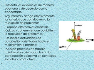 Presenta las evidencias de manera oportuna y de acuerdo con lo concertadoArgumenta y acoge objetivamente los criterios que contribuyen a la resolución de problemas Propone alternativas creativas, lógicas y coherentes que posibiliten la resolución de problemas Desarrolla actividades de autogestión orientadas hacia el mejoramiento personal Aborda procesos de trabajo colaborativo orientados hacia la construcción colectiva en contextos sociales y productivos.