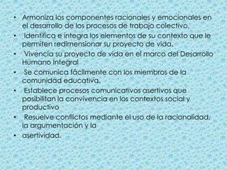 Armoniza los componentes racionales y emocionales en el desarrollo de los procesos de trabajo colectivo. Identifica e integra los elementos de su contexto que le permiten redimensionar su proyecto de vida. Vivencia su proyecto de vida en el marco del Desarrollo Humano Integral Se comunica fácilmente con los miembros de la comunidad educativa. Establece procesos comunicativos asertivos que posibilitan la convivencia en los contextos social y productivo Resuelve conflictos mediante el uso de la racionalidad, la argumentación y laasertividad.