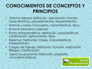 CONOCIMIENTOS DE CONCEPTOS Y PRINCIPIOSEntorno laboral: definición, descripción, función, características, procedimientos, requerimientos.Normas y Leyes: Conceptos, características, tipos.Entorno formativo y laboral. Ficha antropométrica: definición, características, clasificación, aplicaciones, tipos. Baremos: Definición, Clases, Características, InterpretaciónCargas de trabajo: Definición, Función, Aplicación, Riesgos, Clasificación. Salud ocupacional: Definición, propósito, conceptos básicos.