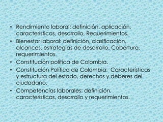 Rendimiento laboral: definición, aplicación, características, desarrollo, Requerimientos.Bienestar laboral: definición, clasificación, alcances, estrategias de desarrollo, Cobertura, requerimientos.Constitución política de Colombia.Constitución Política de Colombia:  Características y estructura del estado, derechos y deberes del ciudadano.Competencias laborales: definición, características, desarrollo y requerimientos. 