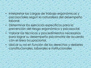 Interpretar las cargas de trabajo ergonómicas y psicosociales según la naturaleza del desempeño laboral.Determinar los ejercicios específicos para la prevención del riesgo ergonómico y psicosocial.Valorar las técnicas y procedimientos necesarios para lograr su desempeño psicomotriz de acuerdo con el área ocupacional.Ubicar su rol en función de los derechos y deberes constitucionales, laborales e institucionales