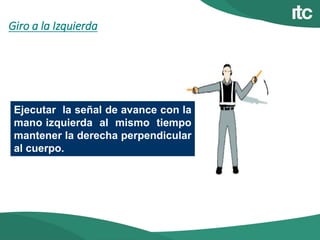 Giro a la Izquierda
Ejecutar la señal de avance con la
mano izquierda al mismo tiempo
mantener la derecha perpendicular
al cuerpo.
 