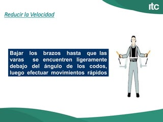 Reducir la Velocidad
Bajar los brazos hasta que las
varas se encuentren ligeramente
debajo del ángulo de los codos,
luego efectuar movimientos rápidos
hacia abajo.
 