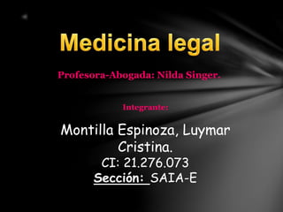 Profesora-Abogada: Nilda Singer.
Integrante:
Montilla Espinoza, Luymar
Cristina.
CI: 21.276.073
Sección: SAIA-E
 
