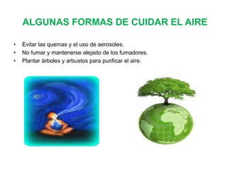 ALGUNAS FORMAS DE CUIDAR EL AIRE
•
•
•

Evitar las quemas y el uso de aerosoles.
No fumar y mantenerse alejado de los fumadores.
Plantar árboles y arbustos para purificar el aire.

 