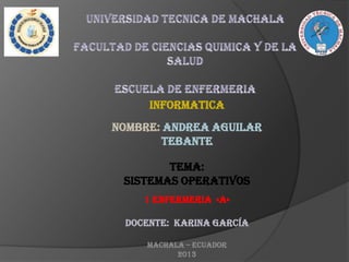 INFORMATICA
NOMBRE: ANDREA AGUILAR
TEBANTE
TEMA:
SISTEMAS OPERATIVOS
1 ENFERMERIA «A»
Docente: Karina García
Machala – ecuador
2013

 