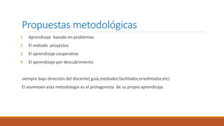 Propuestas metodológicas
1. Aprendizaje basado en problemas
2. El método proyectos
3. El aprendizaje cooperativo
4. El aprendizaje por descubrimiento
siempre bajo dirección del docente( guía,mediador,facilitador,oriedntador,etc)
El alumnoen esta metodología es el protagonista de su propio aprendizaje.
 