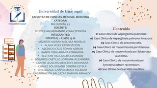 FACULTAD DE CIENCIAS MÉDICAS- MEDICINA
CÁTEDRA:
MICOLOGÍA 3-5
DOCENTE:
Dr. WILLIAM ARMANDO VEGA ESPINOZA
INTEGRANTES:
GRUPO #7 – CLASE 15-16
• AGUIRRE MORAN MELISSA NOHELIA
• ALAVA VELEZ KEVIN STEVEN
• ASCENCIO CRUZ RONNY ADRIAN
• BAÑOS VERA ARIANA FERNANDA
• BELTRAN PAZ CARLOS EDUARDO
• BOLAÑOS CASTILLO JORDANA ALEJANDRA
• CARPIO LLUGCHA MERCEDES DAYANARA
• CHAVEZ SOLORZANO DEBORA ESTELA
• CHILLOGALLI CARPIO MARIA SOLEDAD
• ENCARNACIÓN BALCAZAR DARWIN ARNALDO
Universidad de Guayaquil
Contenido
01 Caso Clínico de Aspergiloma pulmonar.
02 Caso Clínico de Aspergilosis pulmonar invasora.
03 Caso Clínico de pneumocystis.
04 Caso Clínico de mucormicosis por rhizopus.
05 Caso Clínico de mucormicosis por Saksenaea
vasiformis.
06 Caso Clínico de mucormicosis por
Syncephalastrum racemosum.
07Caso Clínico de Queratitis micótica.
 