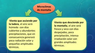 Microclimas
de montaña
Viento que desciende por
la montaña, el aire será
fresco y seco con días
despejados, poca
precipitación, intensa
irradiación solar con
grandes amplitudes
térmicas.
Viento que asciende por
la ladera, el aire será
húmedo con días
cubiertos y abundantes
precipitaciones, que en
consecuencia generará
poca radiación solar y
pequeñas amplitudes
térmicas.
 